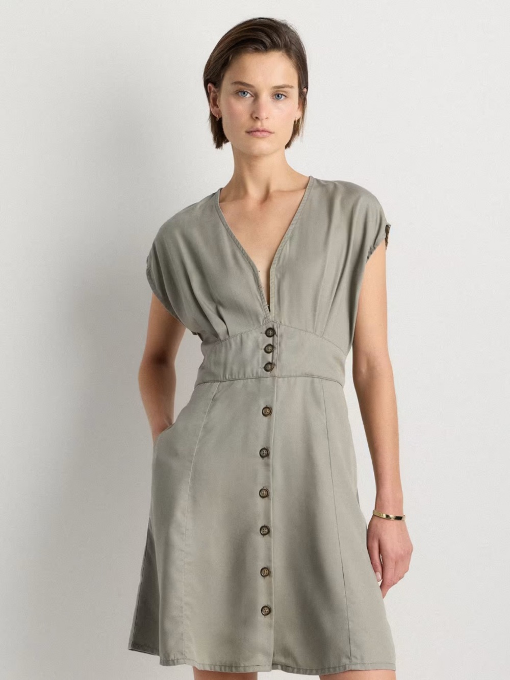 Quince S Washed Tencel Button Front Midi Dress Sage Green Tie Waist Pockets